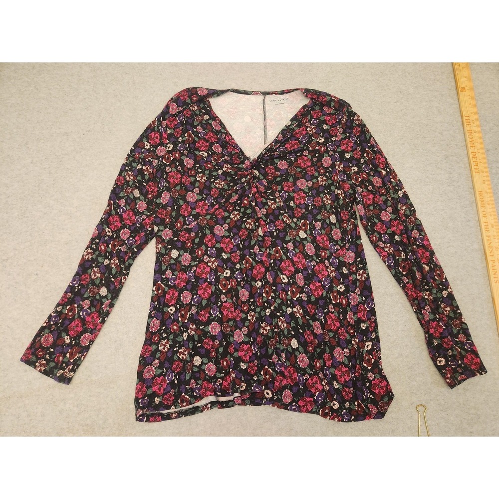Lane Bryant Shirt Womens 14/16 Black Floral V Neck Twist Front Stretch Top